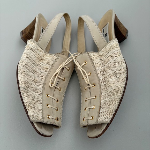Saks Fifth Avenue Slingback Heels Lace Up Peep Toe Leather Woven Beige -Size 8.5 - Picture 8 of 9